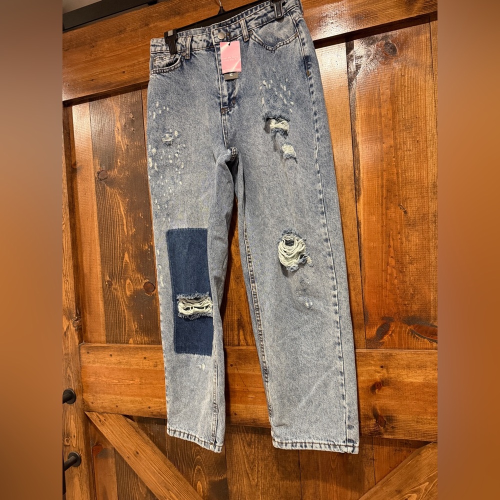 Pretty Little Thing PLT Petite Wide‎ Leg Distressed Boyfriend Jeans NWT Size 12 - Picture 3 of 7